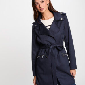 MORGAN SPRING Belted long suede coat navy blue women