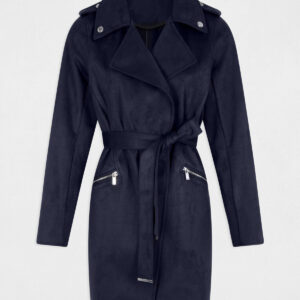 MORGAN SPRING Belted long suede coat navy blue women