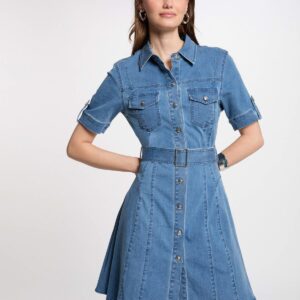 MORGAN SUMMER Mini skater denim dress stone wash denim women