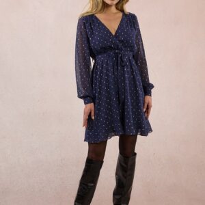 Molly Bracken Polka Dot Wallet-Style Dress – Navy Chiffon Wrap Mini Dress