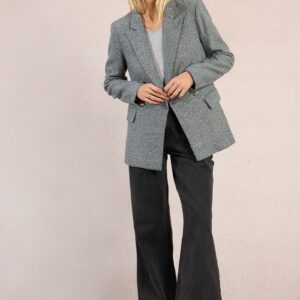 Molly Bracken Straight Grey Blazer with Rhinestones – Double-Breasted Sparkle Jacket